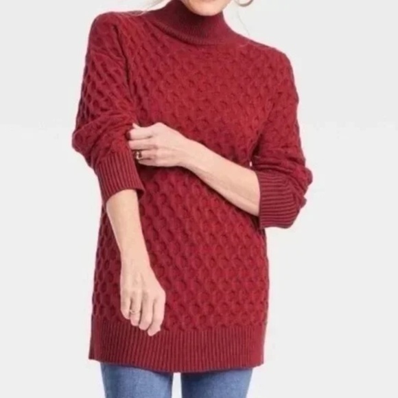 Knox Rose Textured Knit Sweater Red Mock Neck Long Sleeve Pullover Sweater Top - Picture 1 of 16